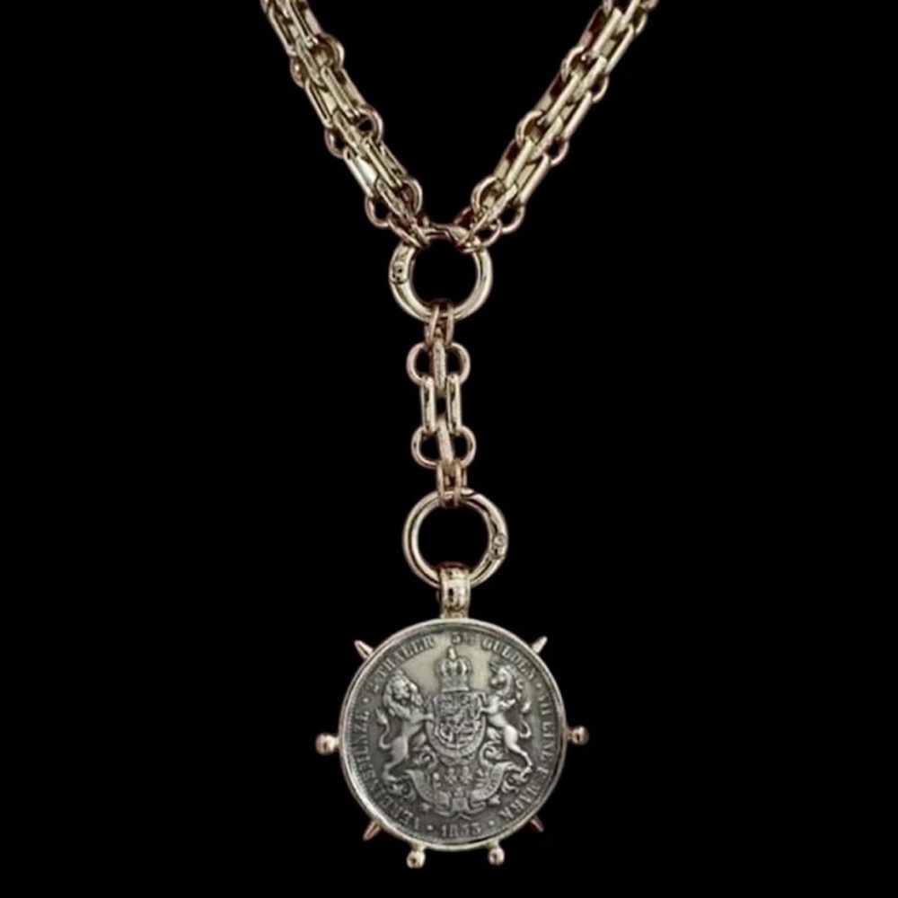 Gold Plated Vintage Coin Necklace – Statement Medallion Y Lariat Lion - Picture 2 of 4